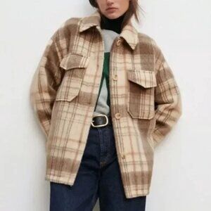 Zara Neutral Plaid Button Front Shacket Size M